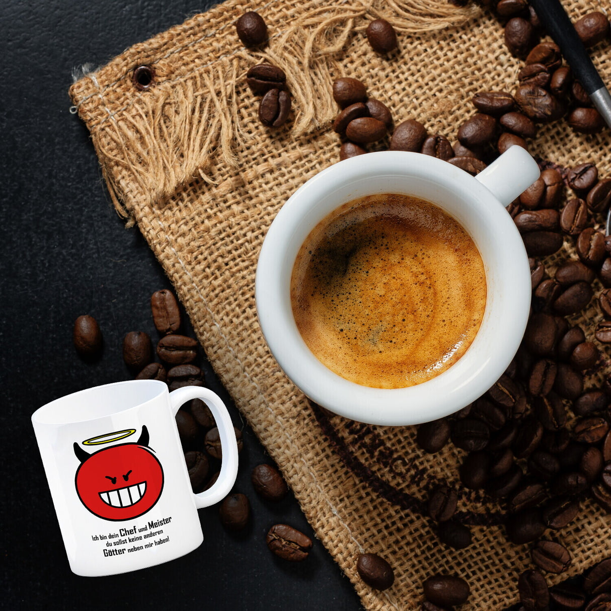 Kaffeebecher mit Spruch: Ich bin dein Chef und Meister ...