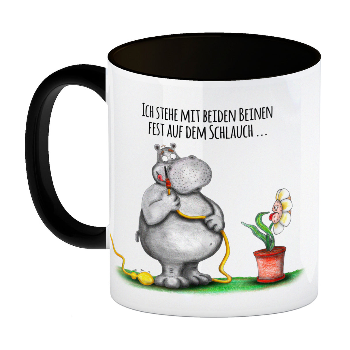 Ich stehe mit beiden Beinen fest auf dem Schlauch Nilpferd Kaffeebecher