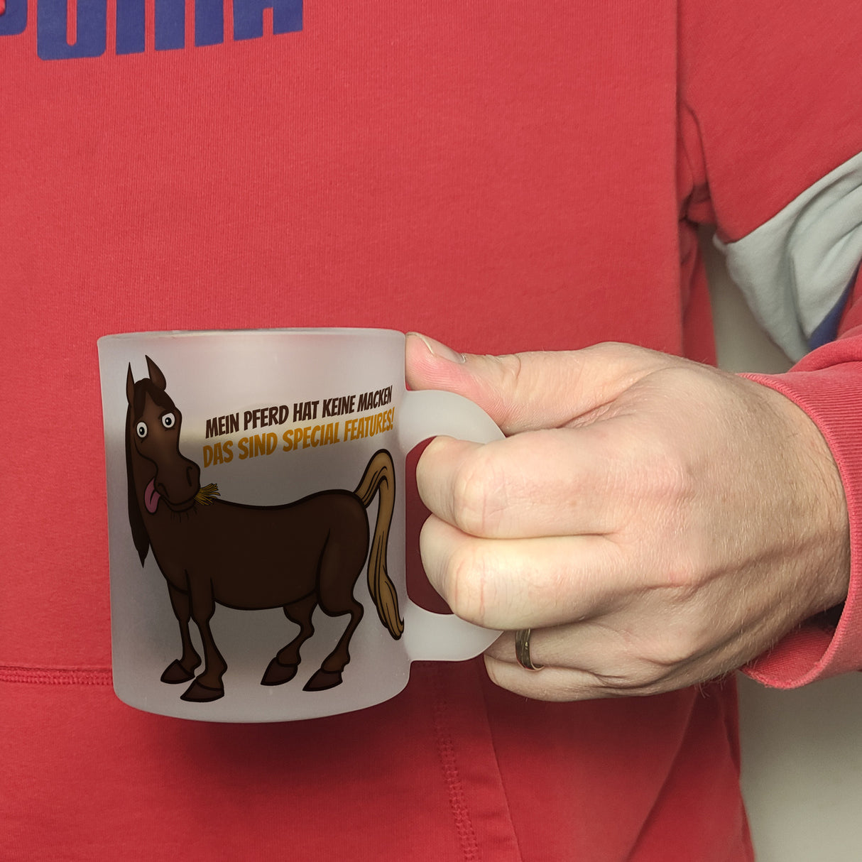 Kaffeebecher mit Pferde Motiv und Spruch: Mein Pferd hat keine Macke. Das ...
