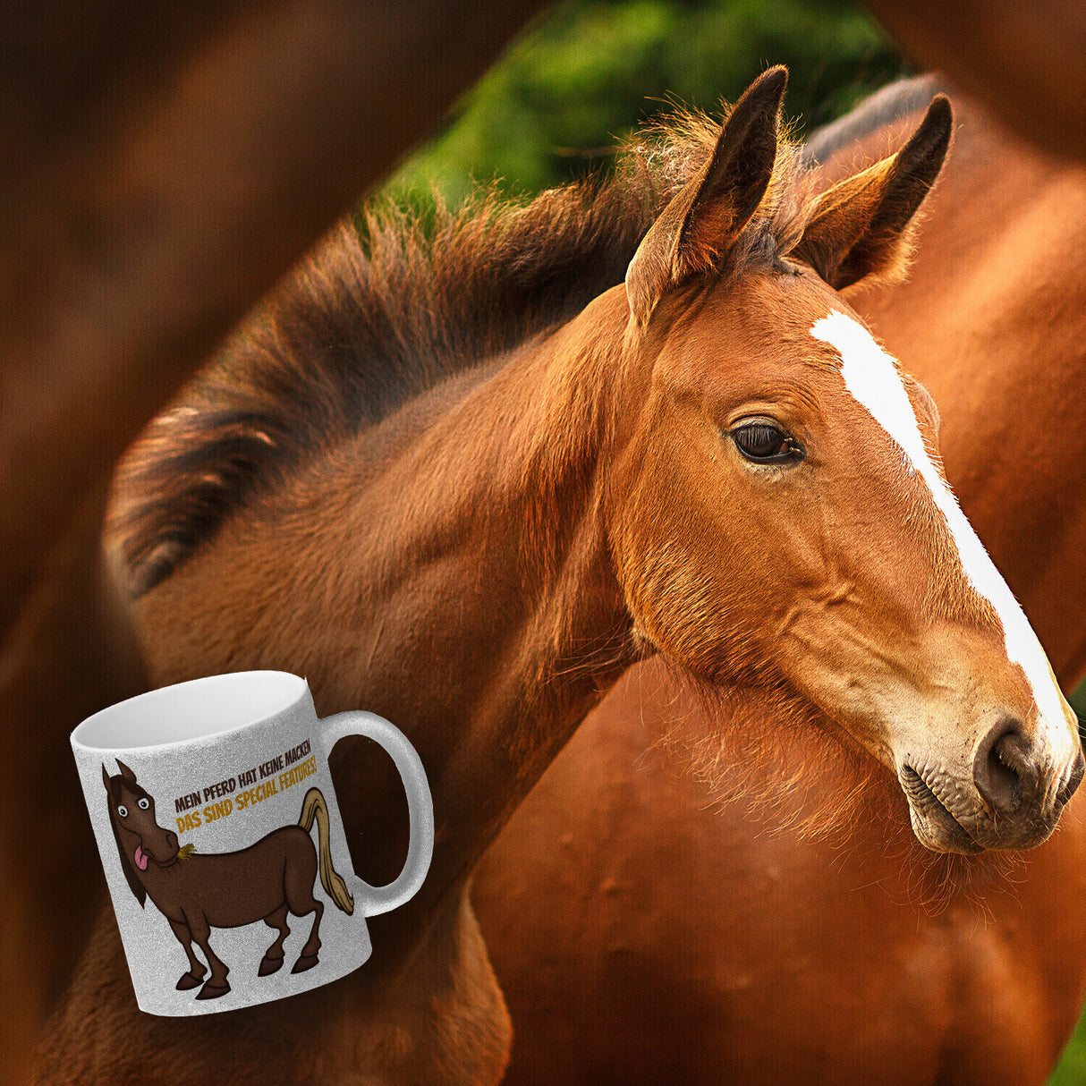 Kaffeebecher mit Pferde Motiv und Spruch: Mein Pferd hat keine Macke. Das ...