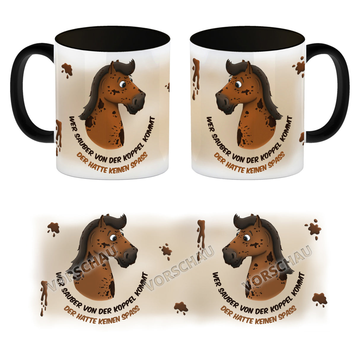 Kaffeebecher mit weißes Pferd Motiv und Spruch: Wer sauber von der Koppel kommt, ...