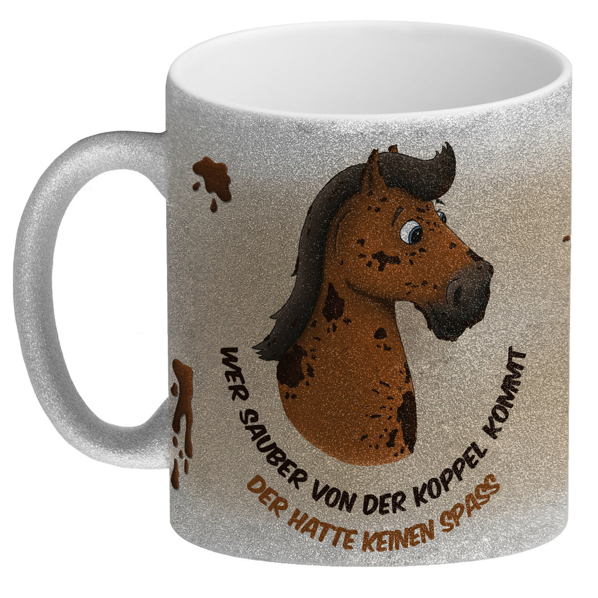 Kaffeebecher mit weißes Pferd Motiv und Spruch: Wer sauber von der Koppel kommt, ...
