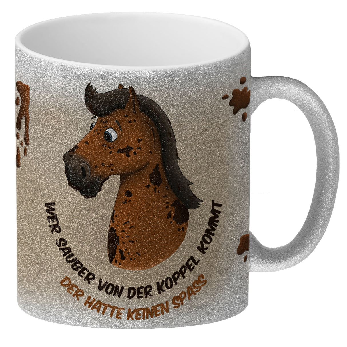 Kaffeebecher mit weißes Pferd Motiv und Spruch: Wer sauber von der Koppel kommt, ...