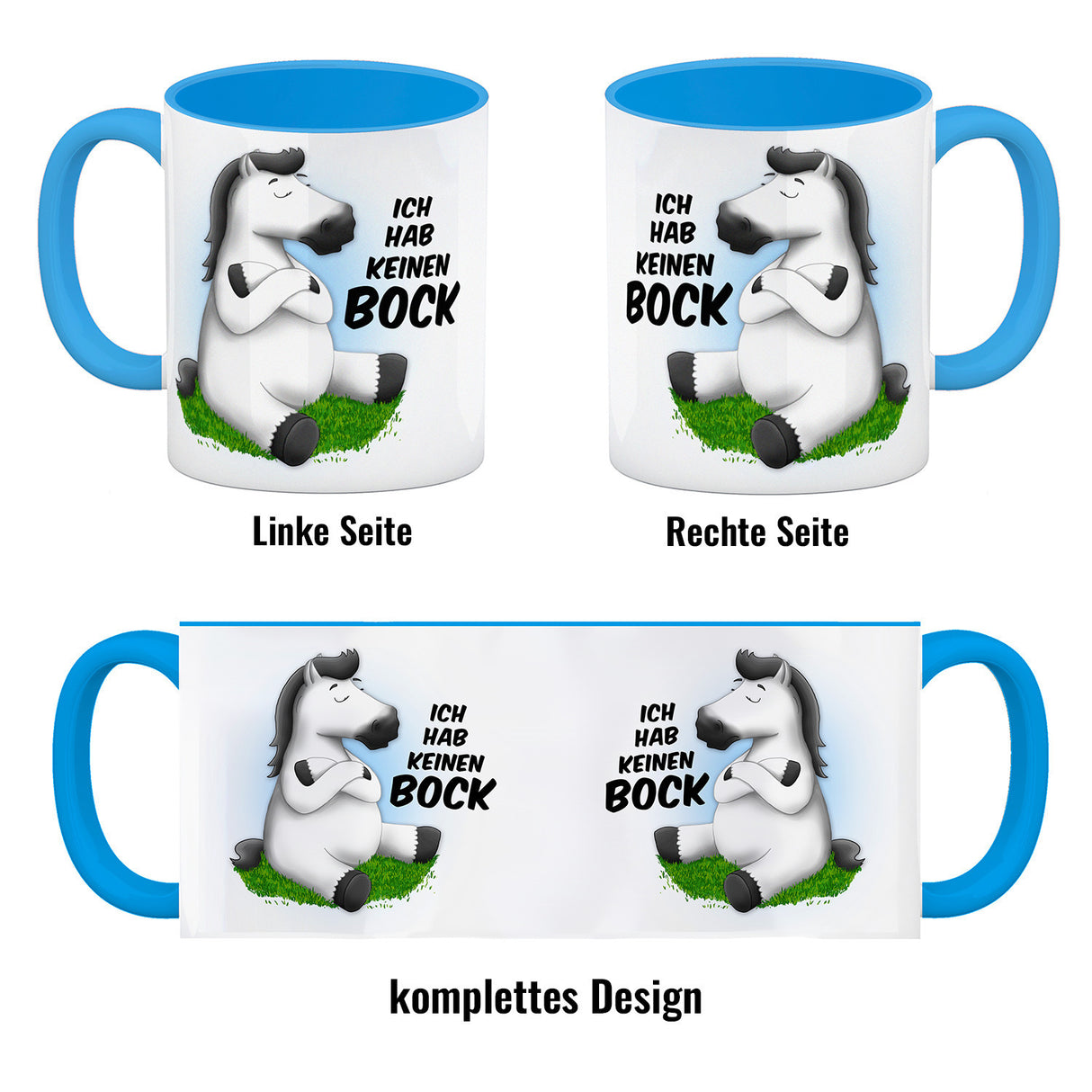 Kaffeebecher mit weißes Pferd Motiv und Spruch: Ich hab keinen Bock