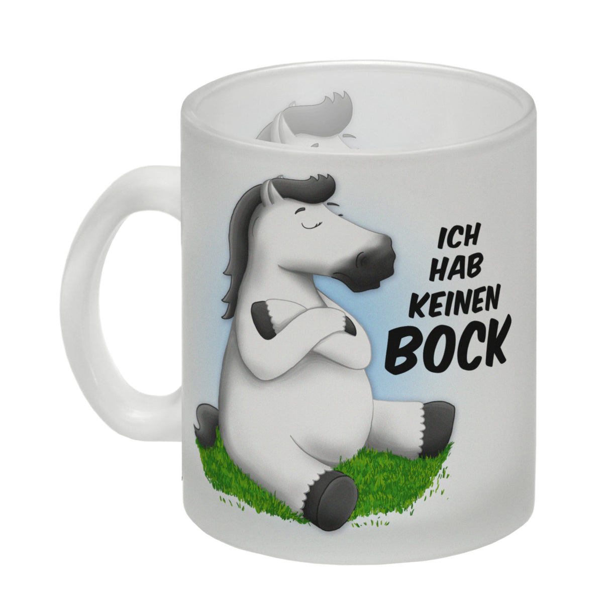 Kaffeebecher mit weißes Pferd Motiv und Spruch: Ich hab keinen Bock