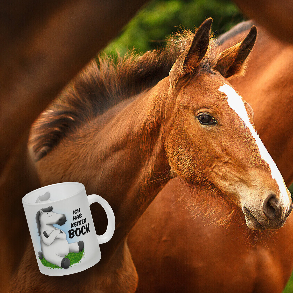 Kaffeebecher mit weißes Pferd Motiv und Spruch: Ich hab keinen Bock