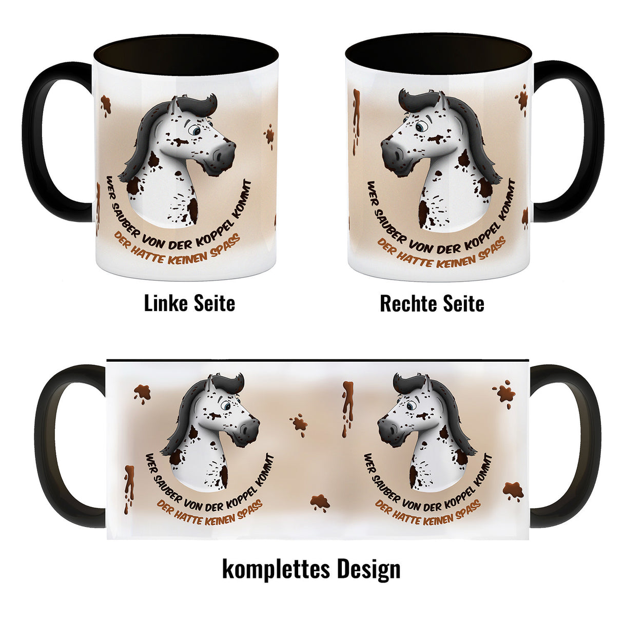 Kaffeebecher mit weißes Pferd Motiv und Spruch: Wer sauber von der Koppel kommt, ...