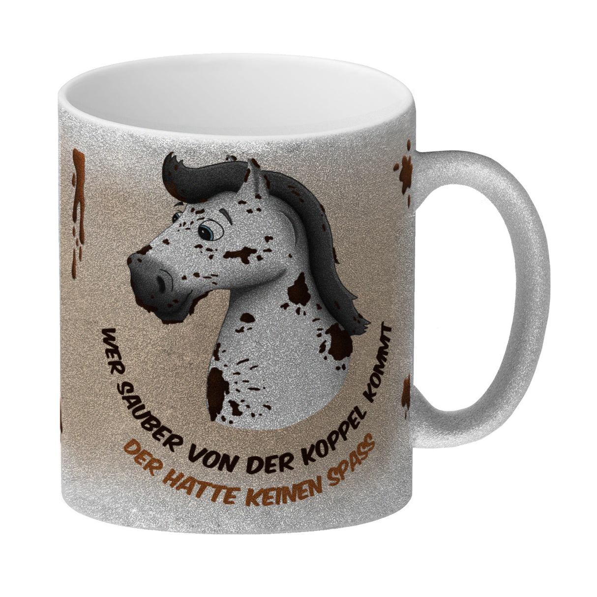Kaffeebecher mit weißes Pferd Motiv und Spruch: Wer sauber von der Koppel kommt, ...
