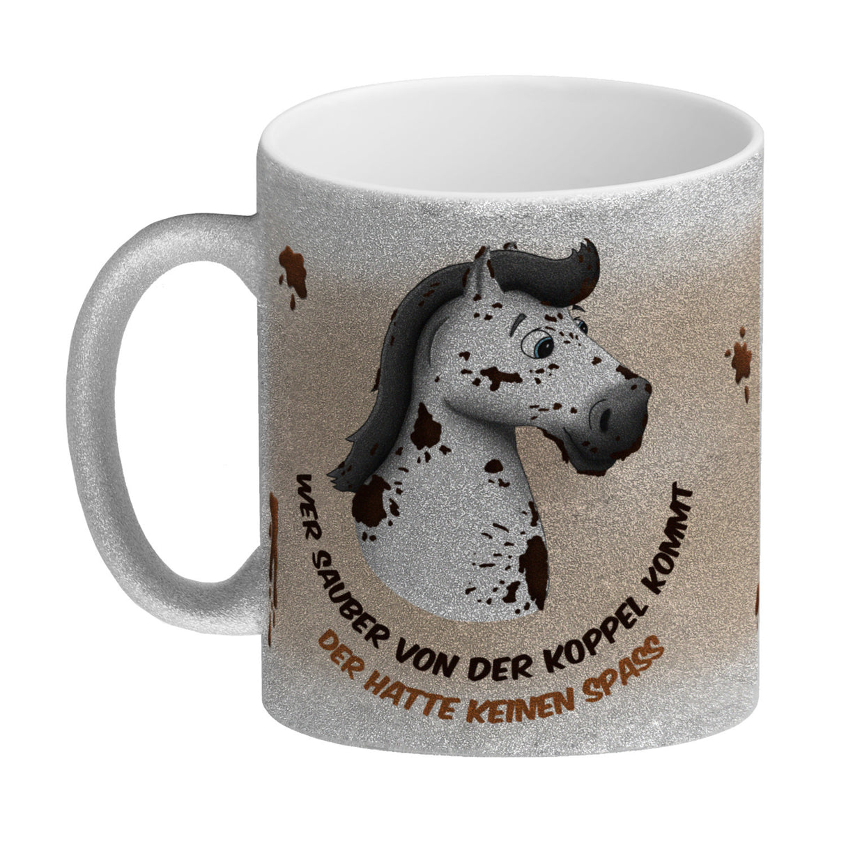 Kaffeebecher mit weißes Pferd Motiv und Spruch: Wer sauber von der Koppel kommt, ...