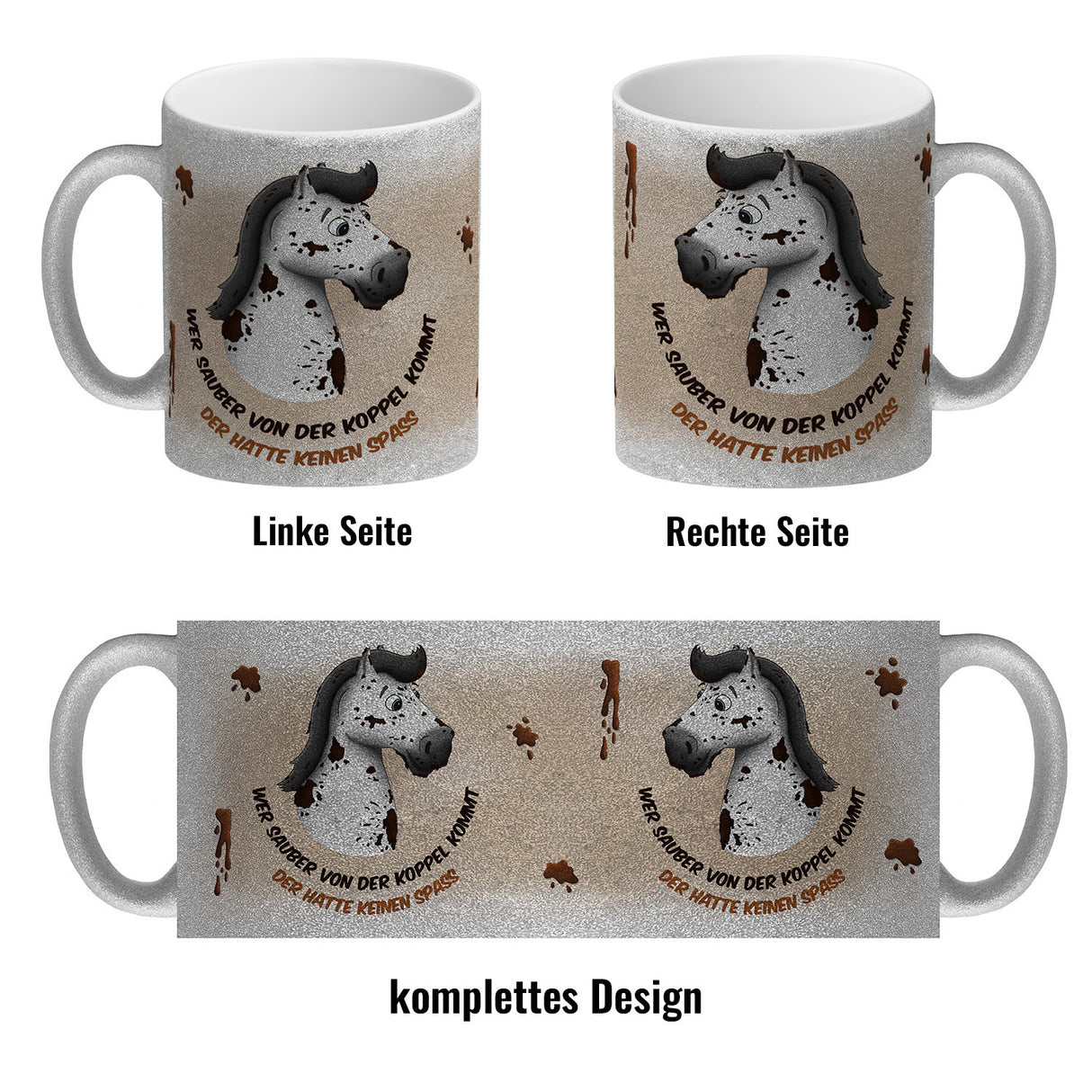 Kaffeebecher mit weißes Pferd Motiv und Spruch: Wer sauber von der Koppel kommt, ...
