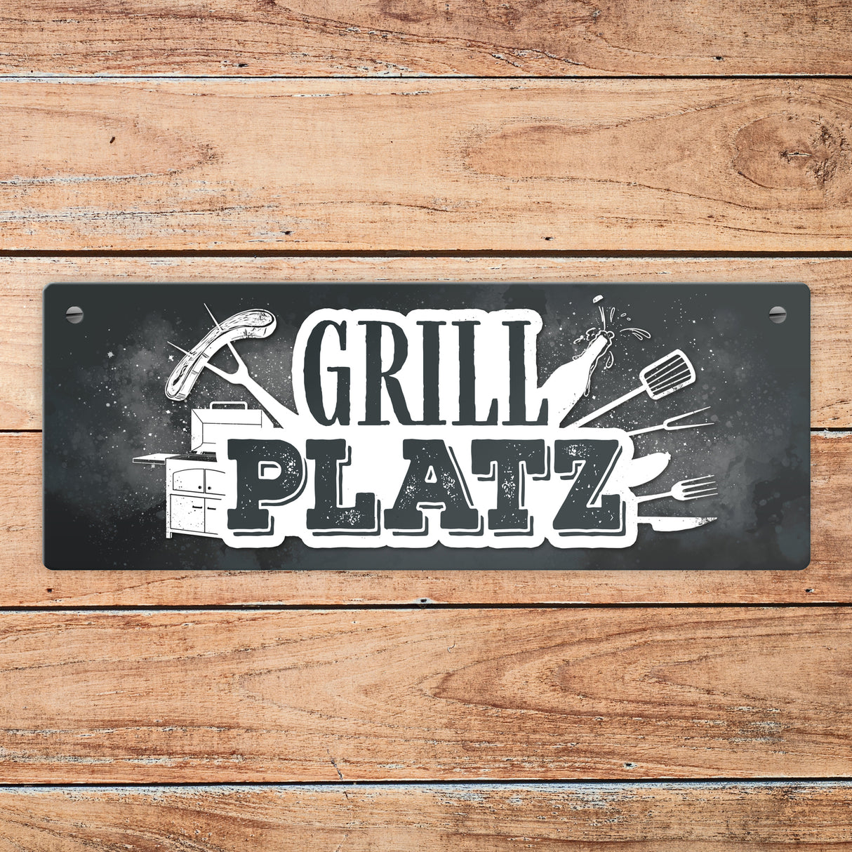 Grillplatz Metallschild Fleisch Wurst grillen Grill Bier Hobby Besteck Grillzange Freunde