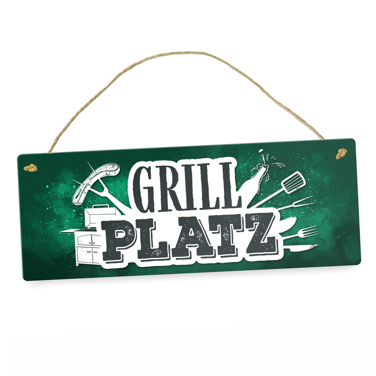 Grillplatz Metallschild Fleisch Wurst grillen Grill Bier Hobby Besteck Grillzange Freunde