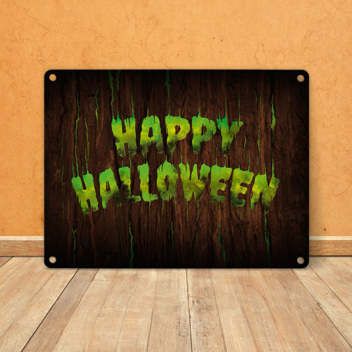 Happy Halloween Metallschild in Holz Optik Haustüre Türe Nacht Angst Hexe