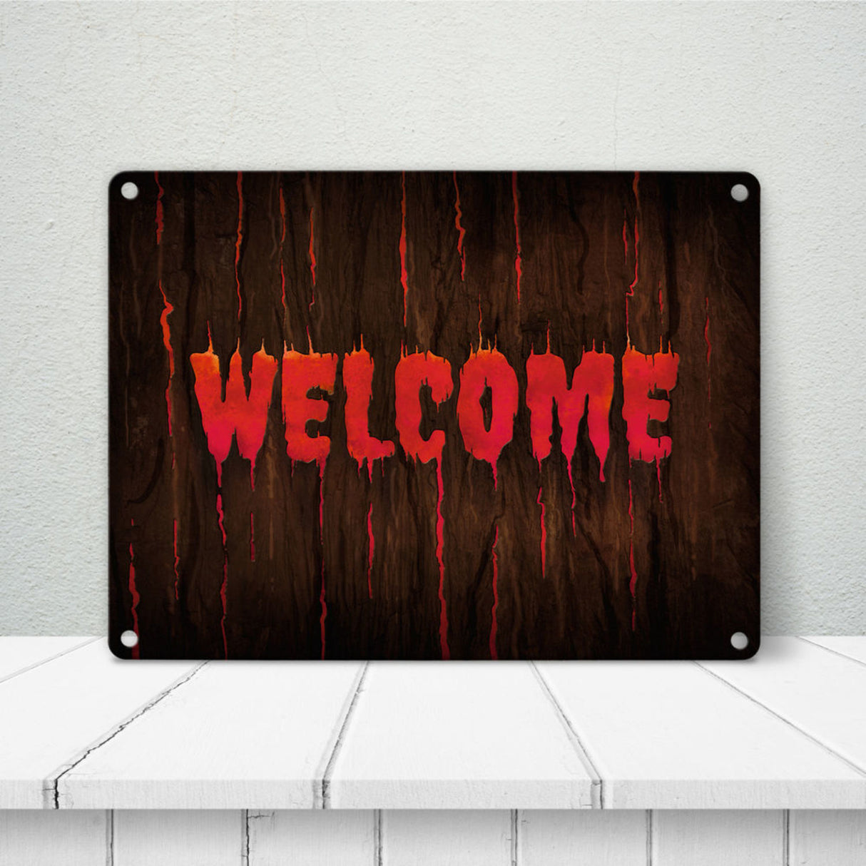 Welcome Metallschild in Holz Optik Halloween Teufel Hölle Kind Kinder Nacht