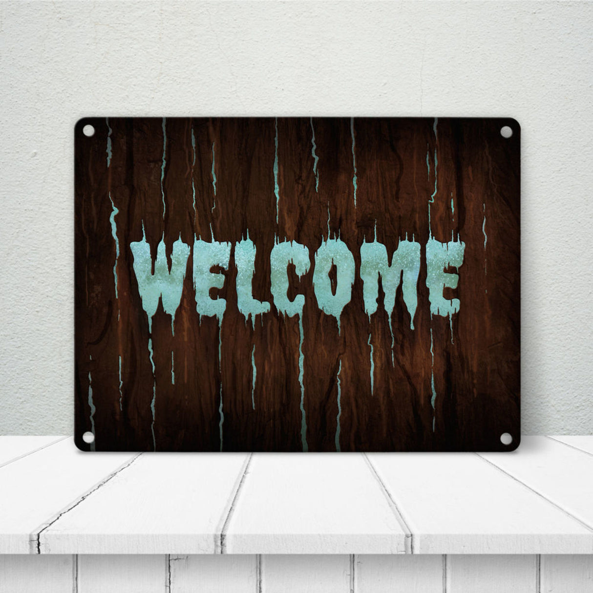 Welcome Metallschild in Holz Optik Halloween Teufel Hölle Kind Kinder Nacht