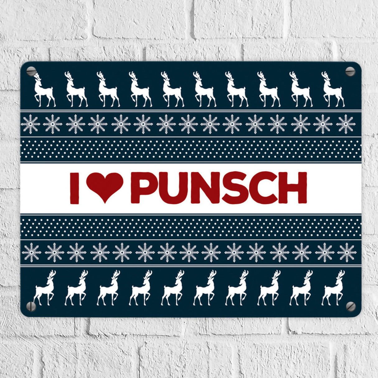 I love Punsch Metallschild mit Weihnachtsmuster Motiv - Weihnachten Herz Rentier Sterne Schnee Punkte Muster