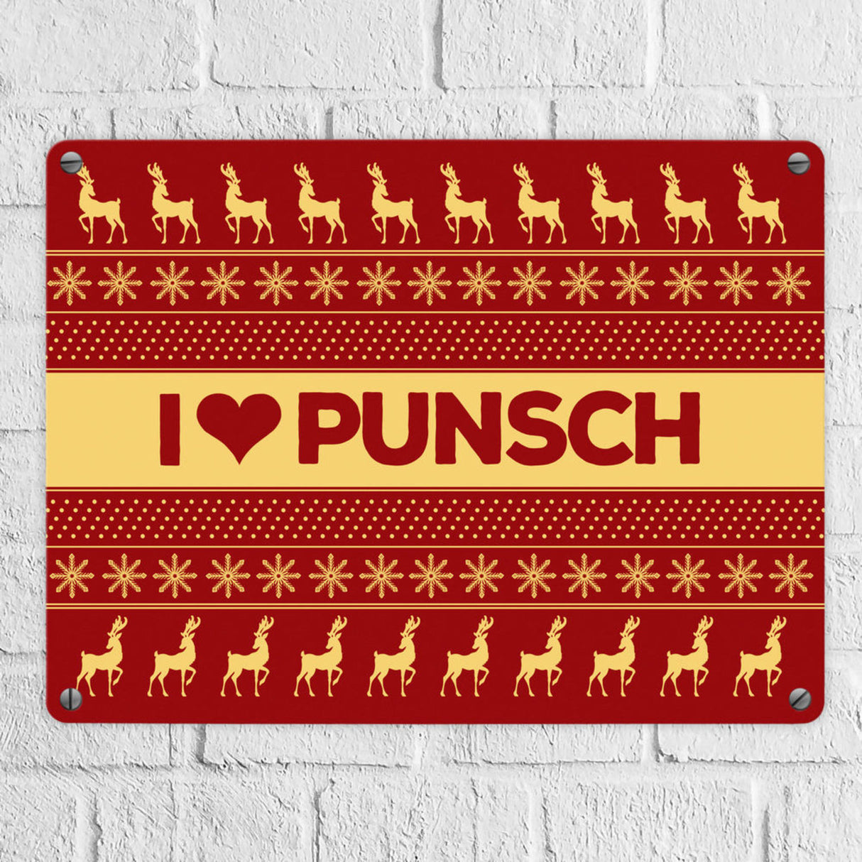 I love Punsch Metallschild mit Weihnachtsmuster Motiv - Weihnachten Herz Rentier Sterne Schnee Punkte Muster