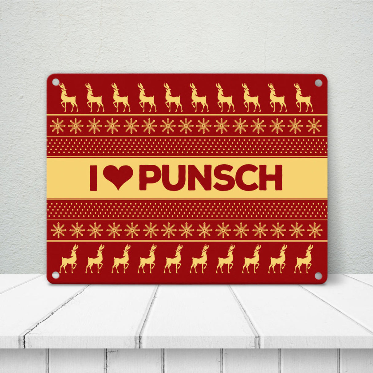 I love Punsch Metallschild mit Weihnachtsmuster Motiv - Weihnachten Herz Rentier Sterne Schnee Punkte Muster
