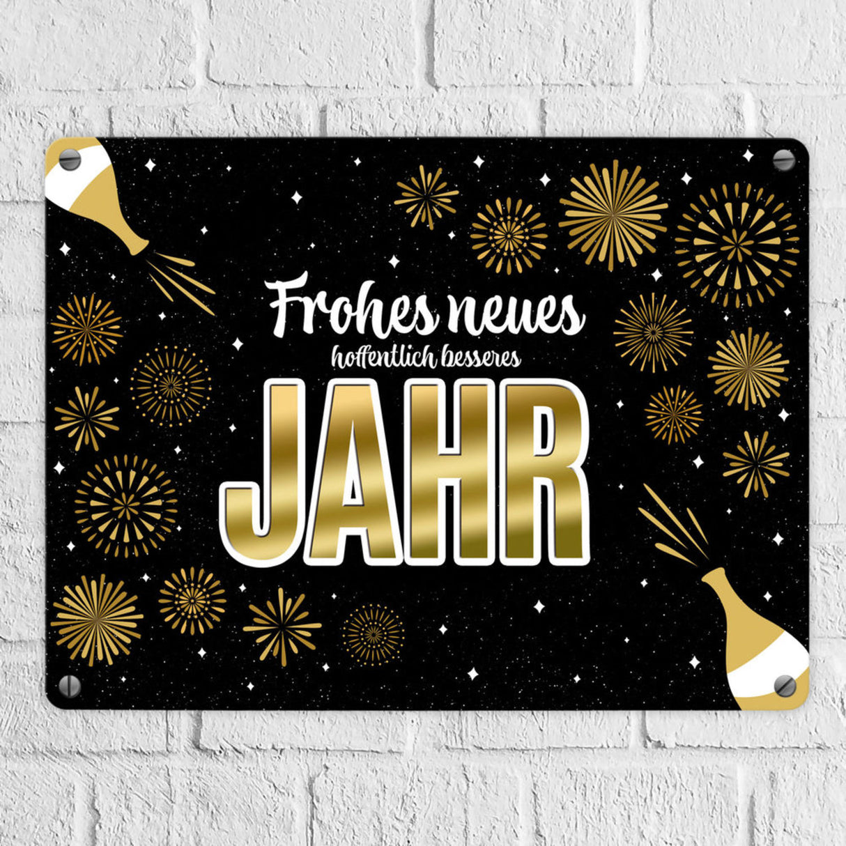 Silvester Metallschild mit Spruch - Silvester Rakete Böller Konfetti Sekt Sterne Year neu happy