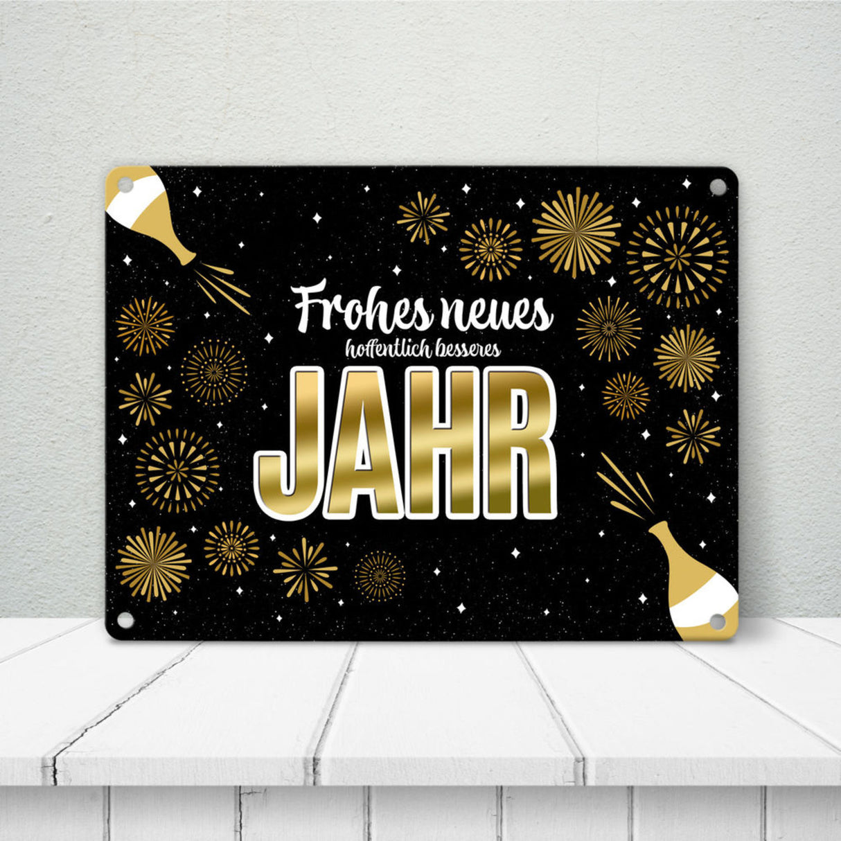Silvester Metallschild mit Spruch - Silvester Rakete Böller Konfetti Sekt Sterne Year neu happy