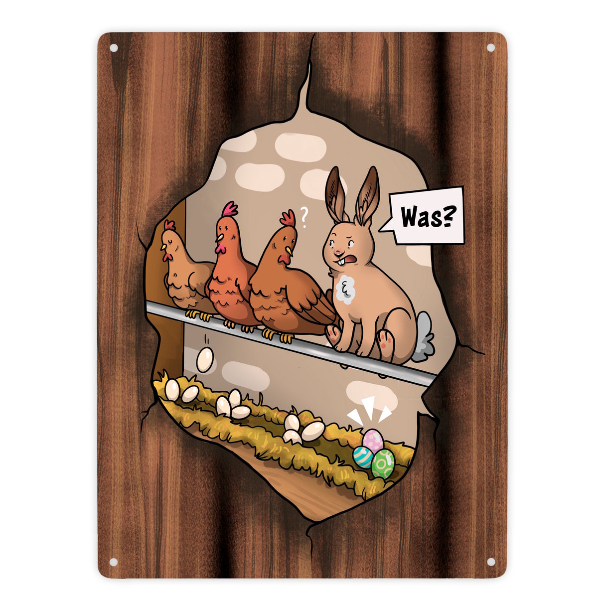 Ostern-Cartoon Metallschild mit Hühnerstall-Szene
