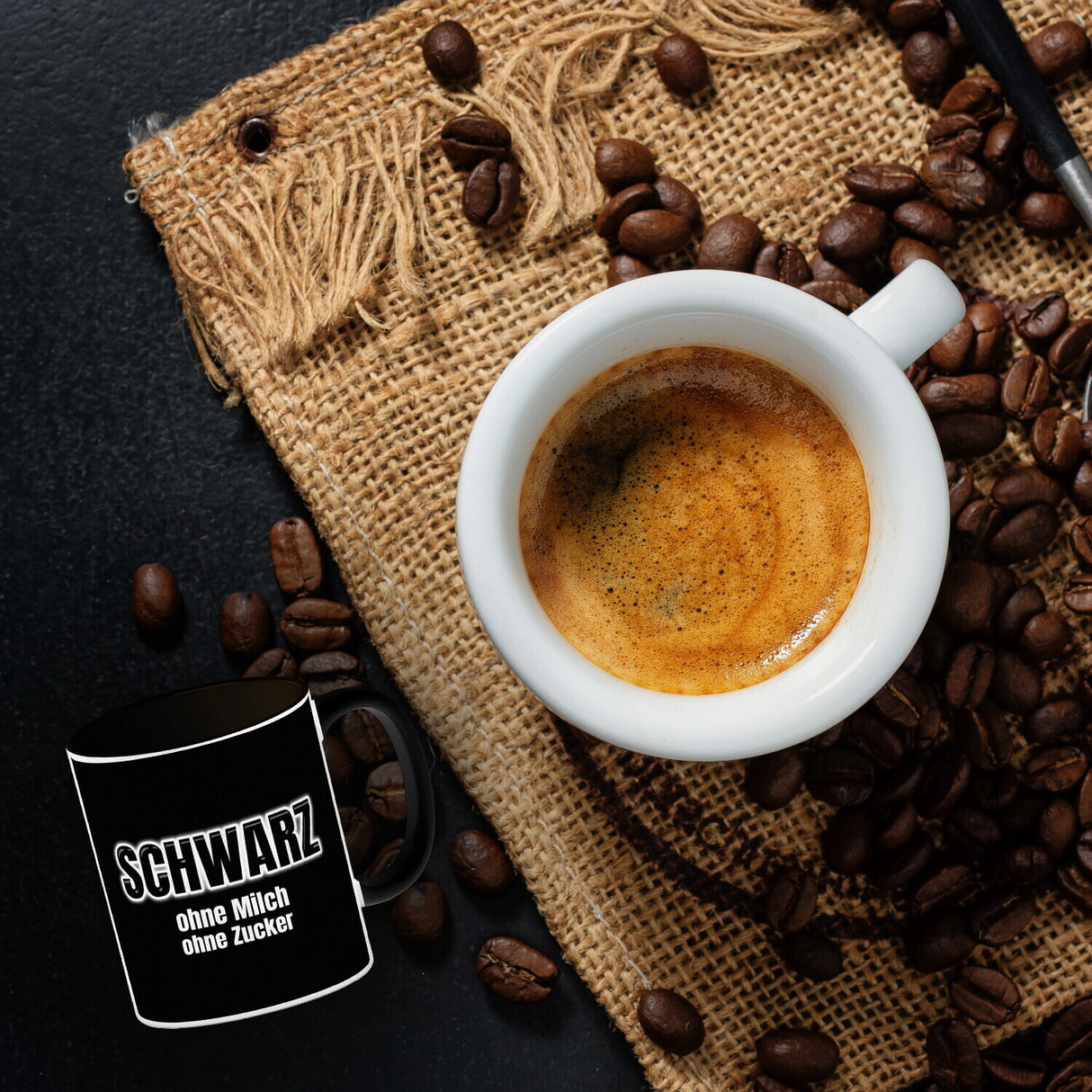 Kaffeebecher mit Spruch SCHWARZ ohne Milch ohne Zucker für Koffeinjunkies