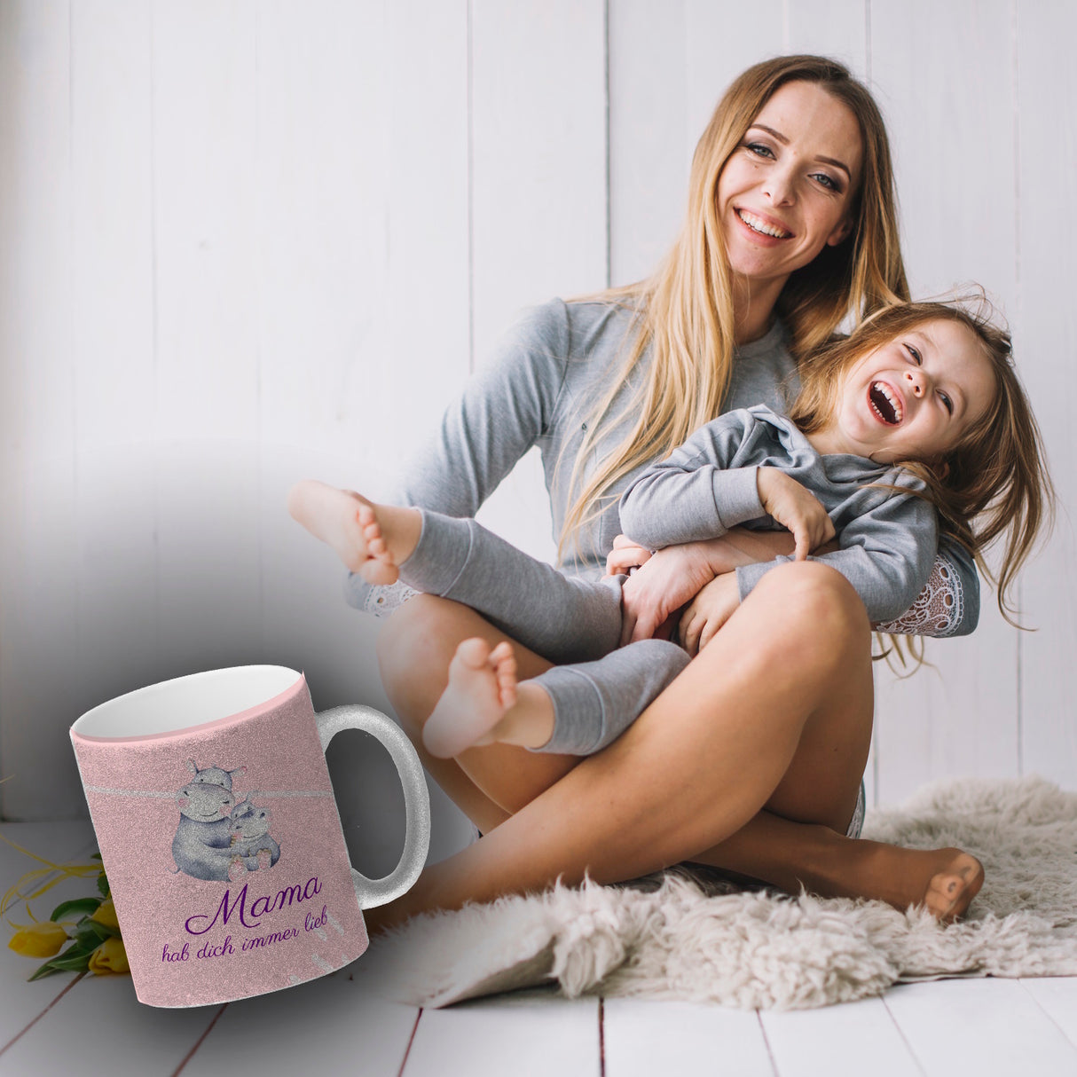 Mama hab dich immer lieb Kaffeebecher mit niedlichem Nilpferd in rosa