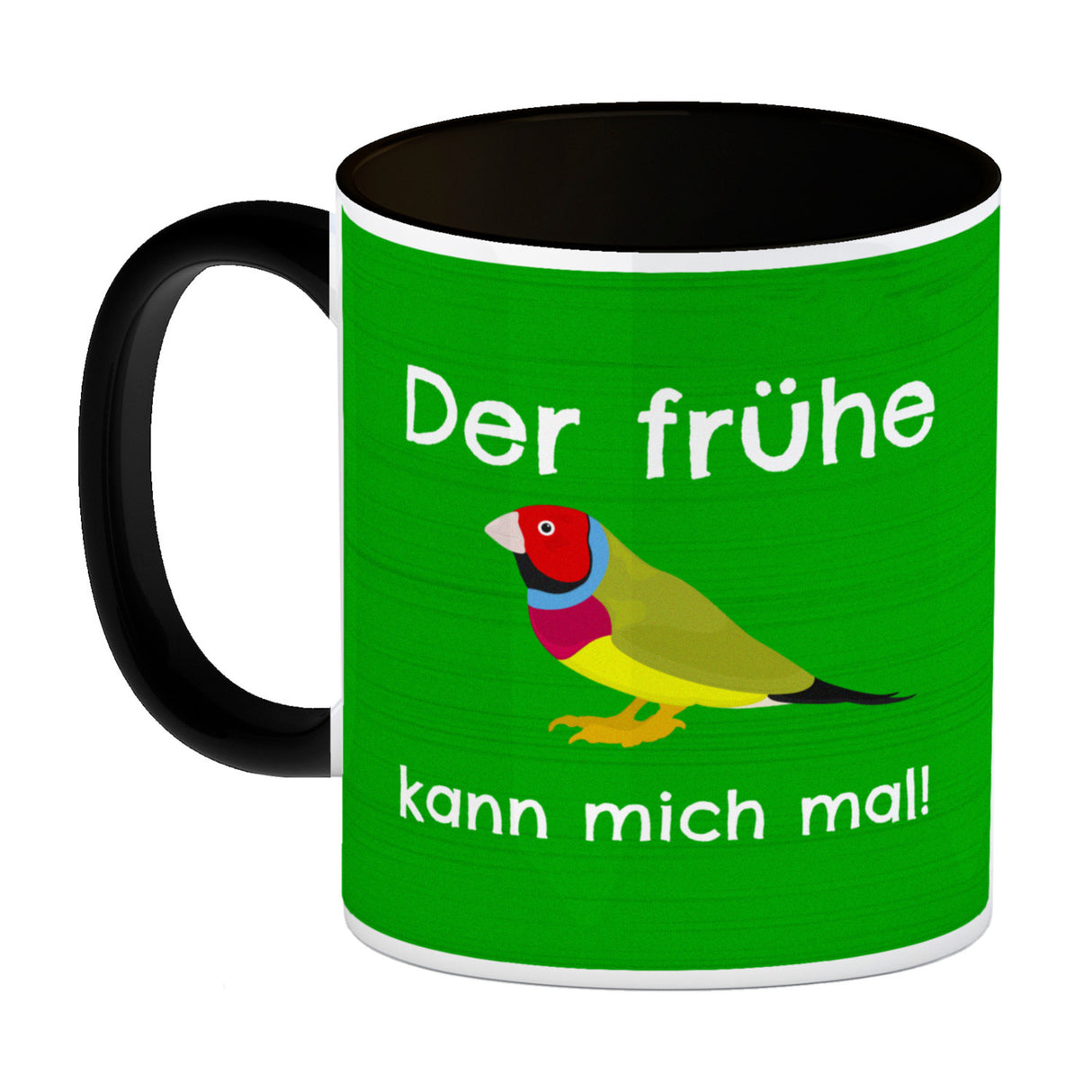 Kaffeebecher mit Bild und Spruch Der frühe Vogel kann mich mal!