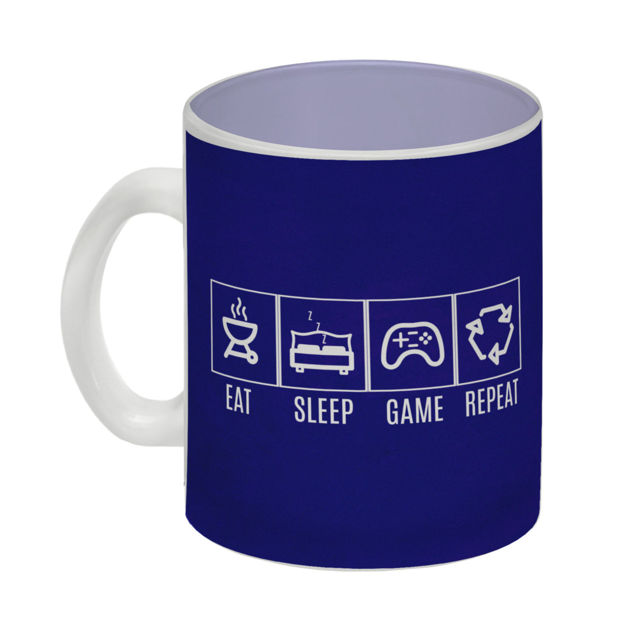 EAT, SLEEP, GAME, REPEAT Kaffeebecher mit blauem Hintergrund