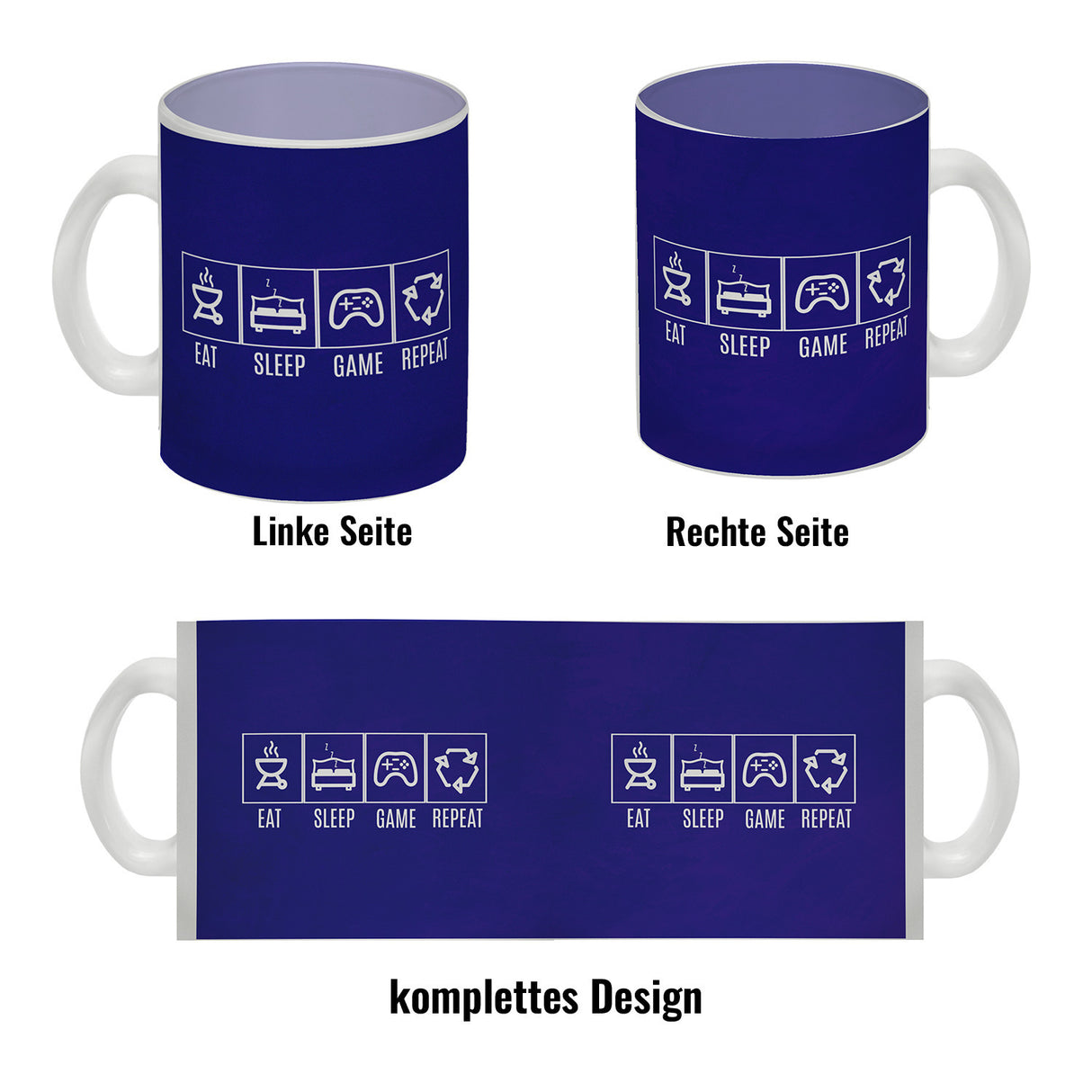 EAT, SLEEP, GAME, REPEAT Kaffeebecher mit blauem Hintergrund