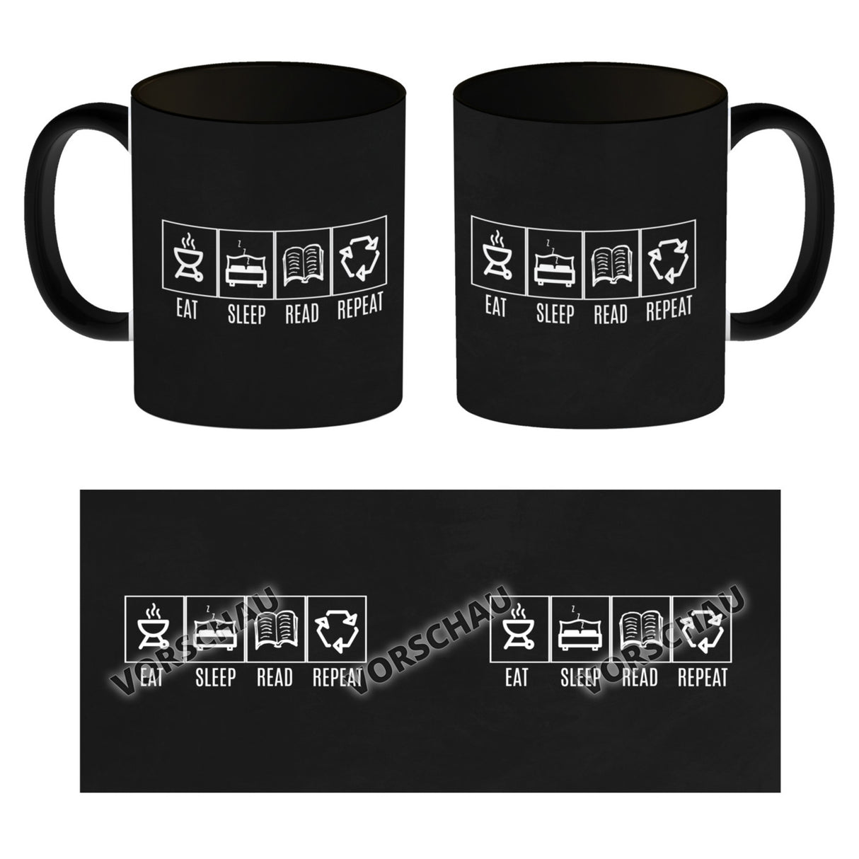 EAT, SLEEP, GAME, REPEAT Kaffeebecher mit blauem Hintergrund