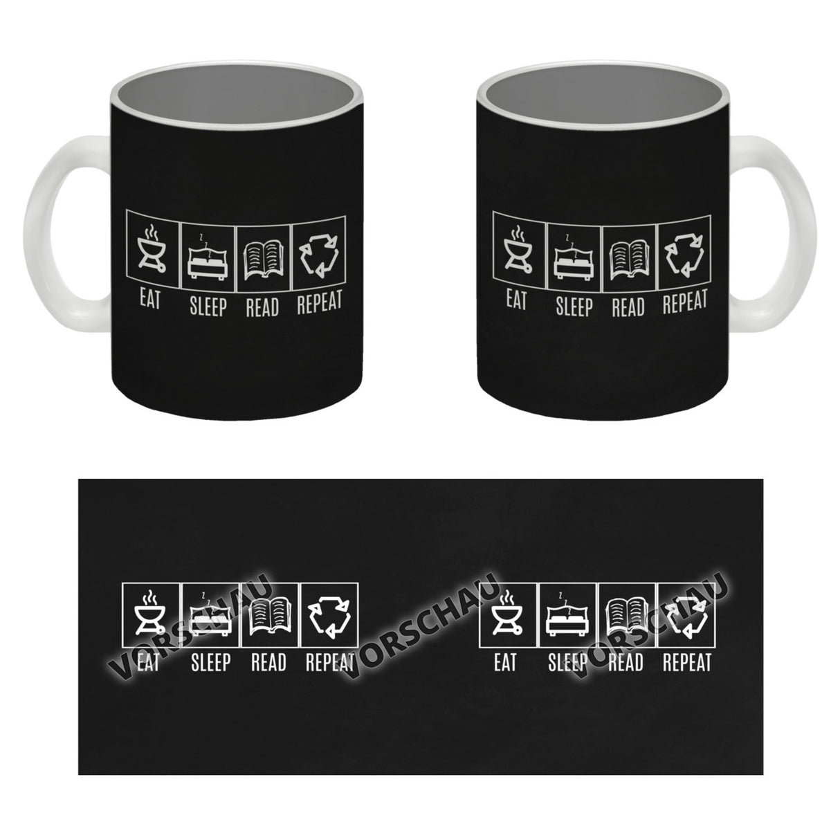 EAT, SLEEP, GAME, REPEAT Kaffeebecher mit blauem Hintergrund
