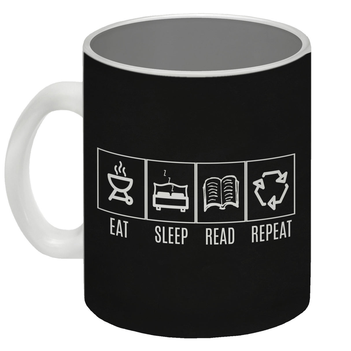 EAT, SLEEP, GAME, REPEAT Kaffeebecher mit blauem Hintergrund