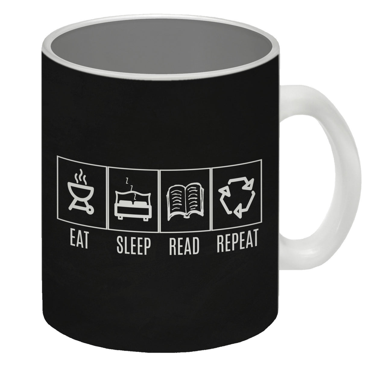 EAT, SLEEP, GAME, REPEAT Kaffeebecher mit blauem Hintergrund