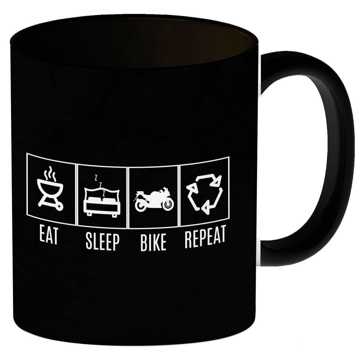 EAT, SLEEP, GAME, REPEAT Kaffeebecher mit blauem Hintergrund