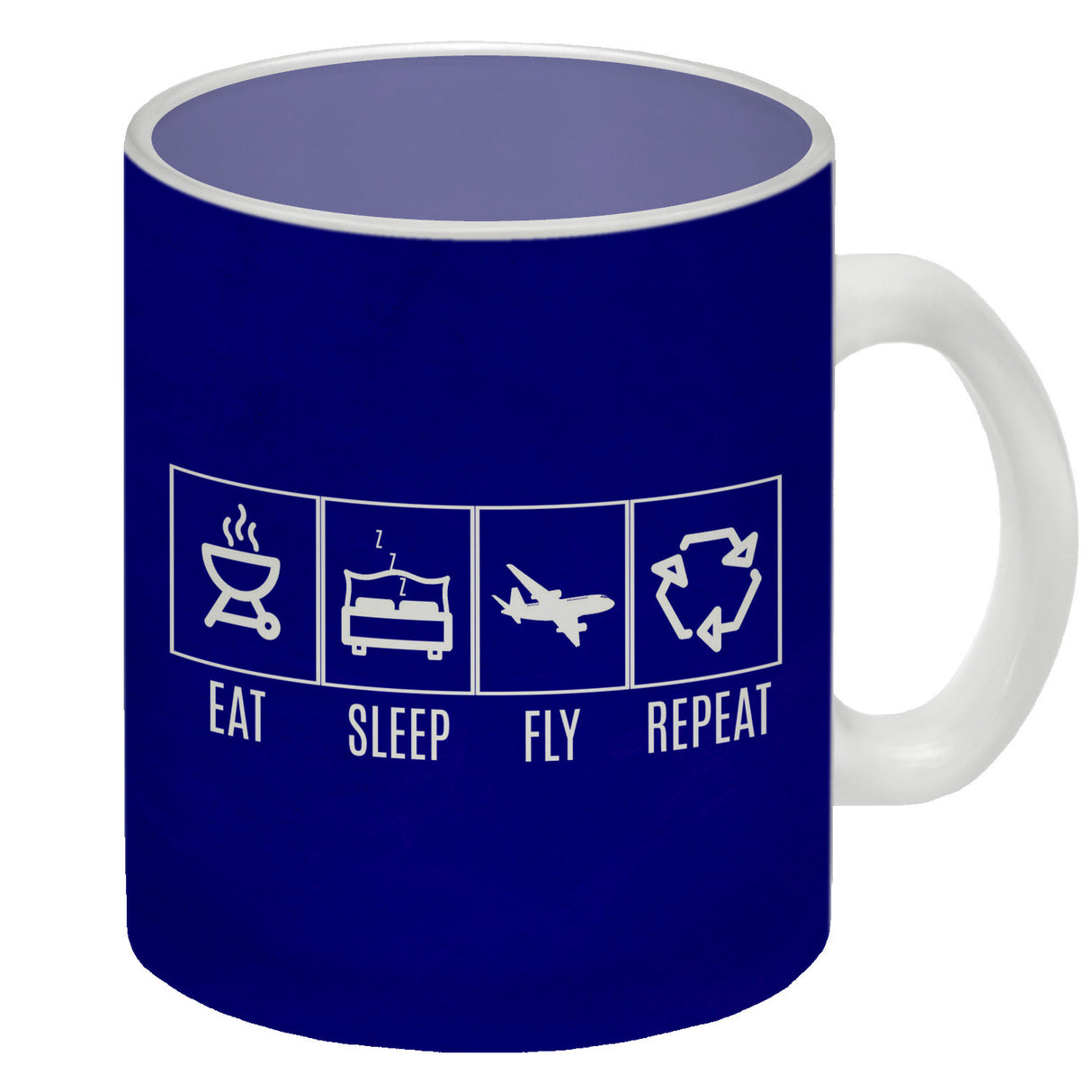 EAT, SLEEP, GAME, REPEAT Kaffeebecher mit blauem Hintergrund