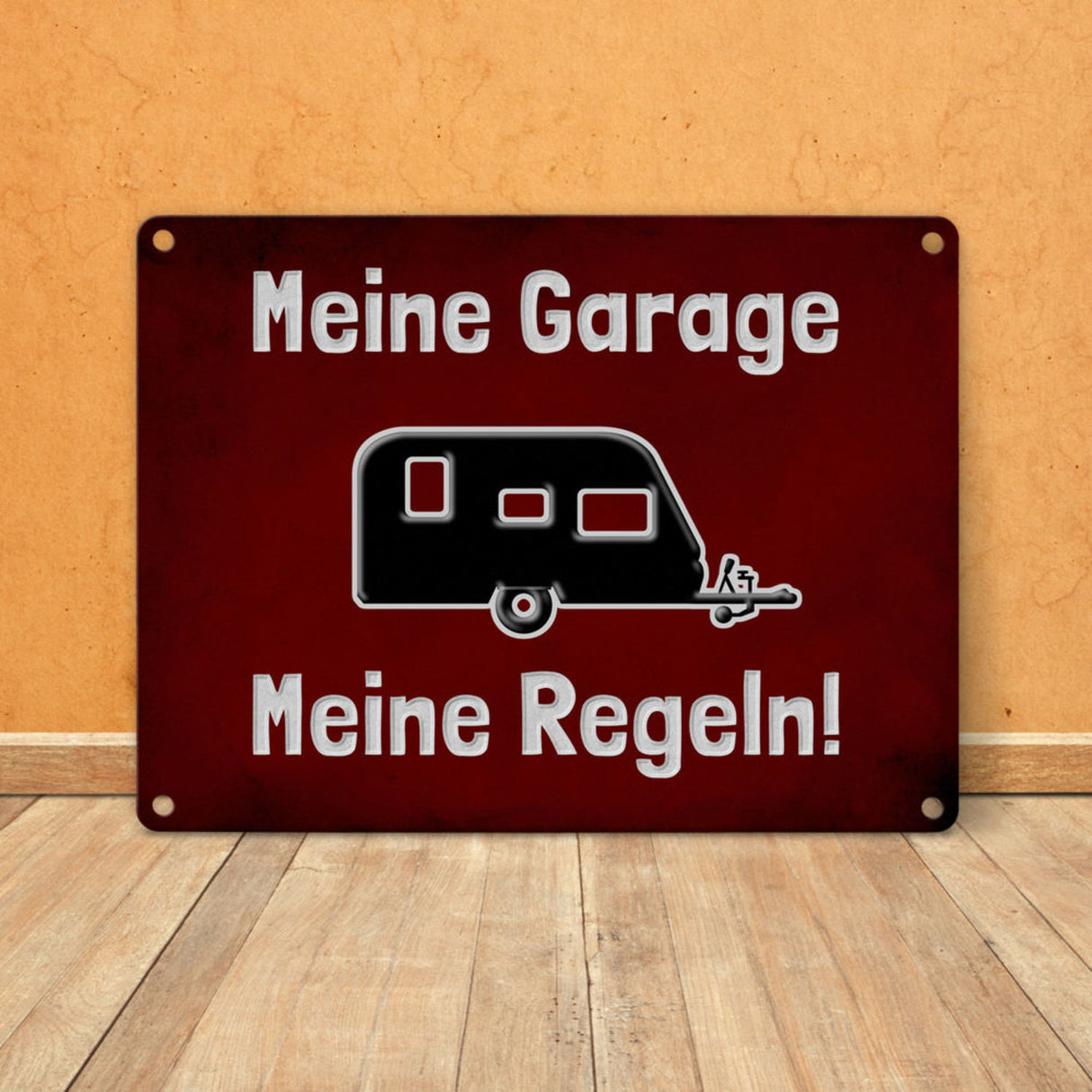 Meine Garage Meine Regeln! Metallschild in 15x20 cm mit Auto und rotem Hintergrund