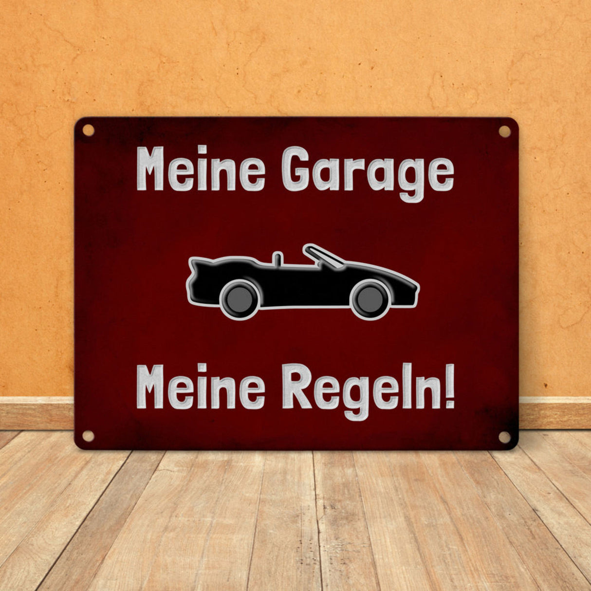 Meine Garage Meine Regeln! Metallschild in 15x20 cm mit Auto und rotem Hintergrund