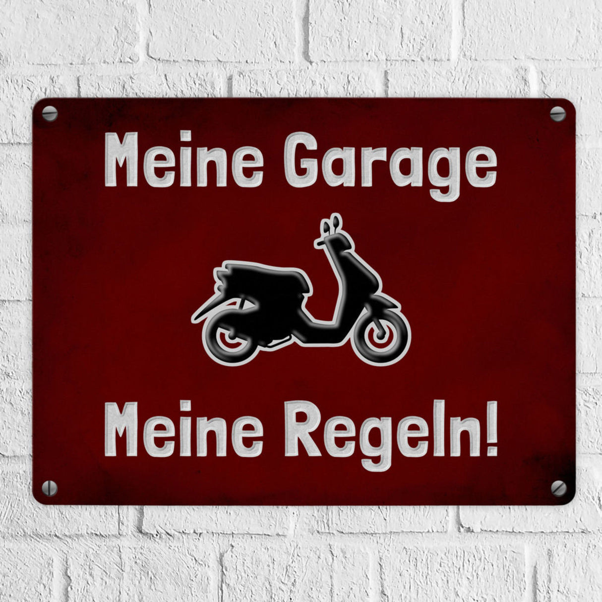 Meine Garage Meine Regeln! Metallschild in 15x20 cm mit Auto und rotem Hintergrund
