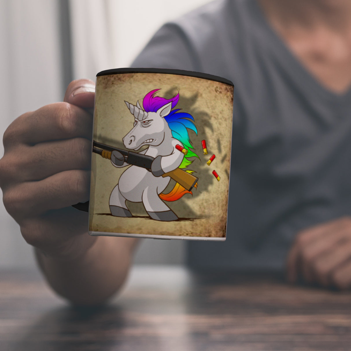 Kaffeebecher mit lustigem Einhorn mit Gewehr Motiv - SCHLUSS MIT LUSTIG!