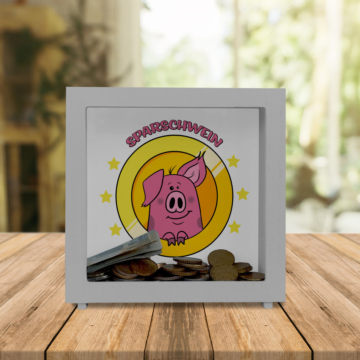 Spardose mit lustigem Schweinchen Motiv und Spruch - Sparschwein