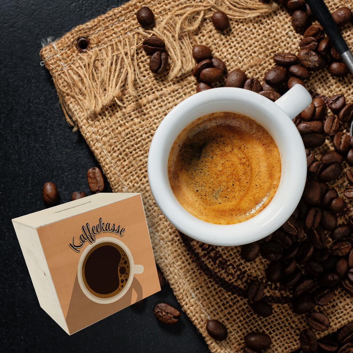 Spardose mit Kaffeetassenmotiv - als Kaffeekasse für Frisöre und Restaurants