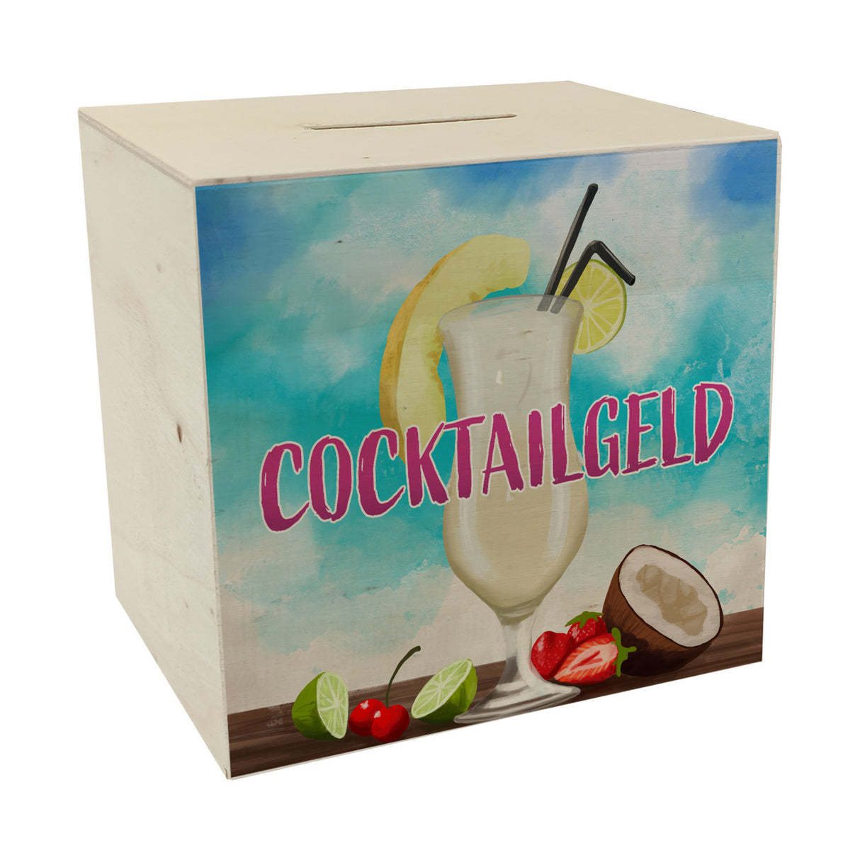 Spardose mit Pina Colada im Glas und blauen Wasserfarben - Cocktailgeld
