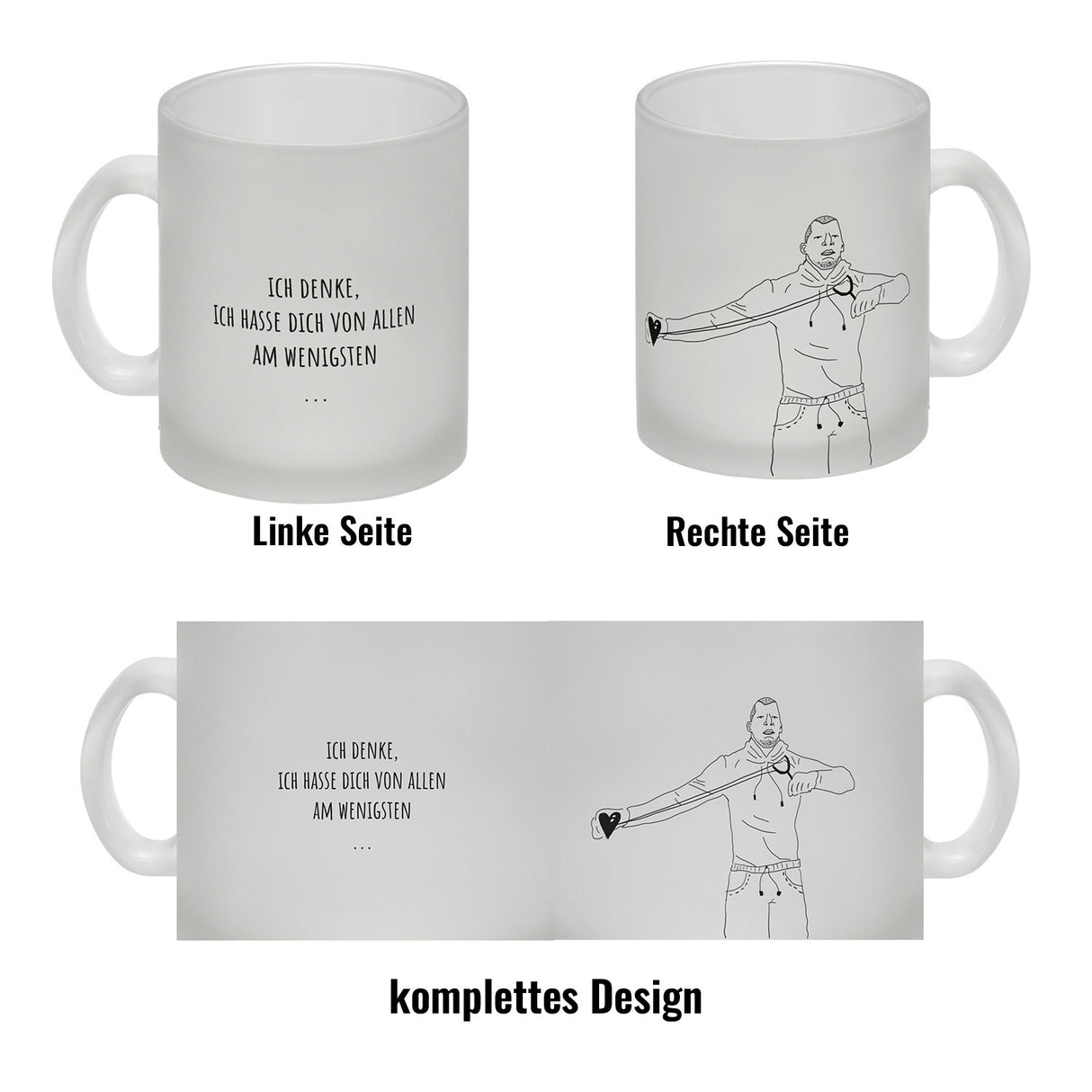Kaffeebecher mit ironischem Spruch, gezeichnetem Charakter und Steinschleuder