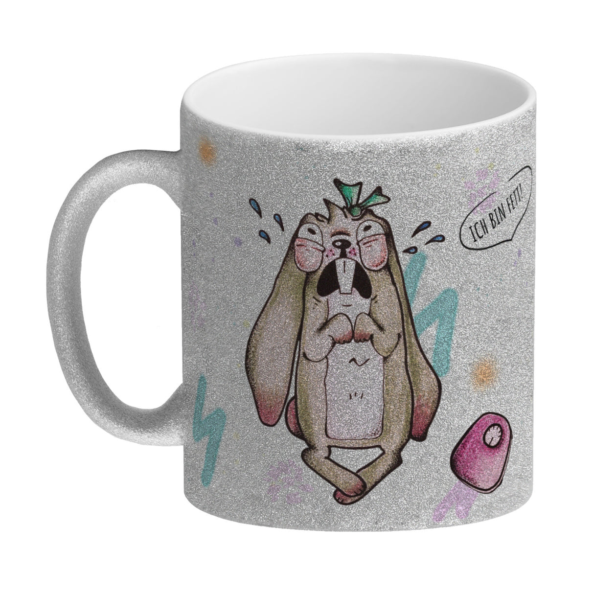 Kaffeebecher mit unzufriedenem, traurigem Hasen und witzigen Sprüchen