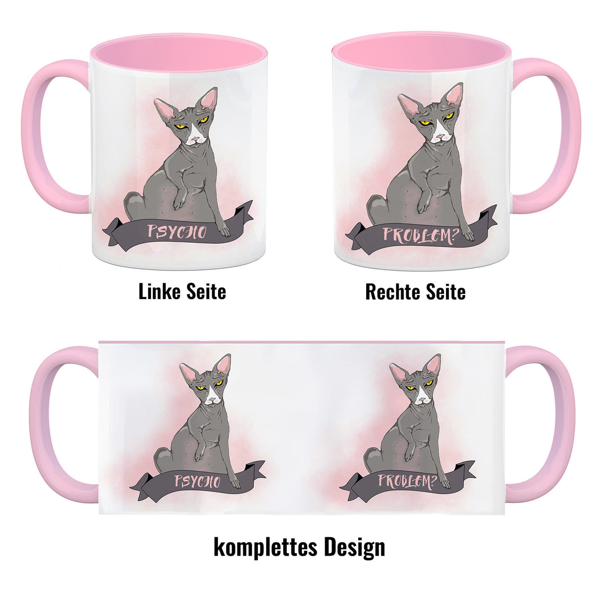 Kaffeebecher mit böse schauender Nacktkatze und Spruch Psycho/Problem?