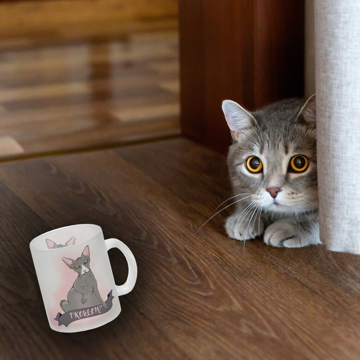 Kaffeebecher mit böse schauender Nacktkatze und Spruch Psycho/Problem?
