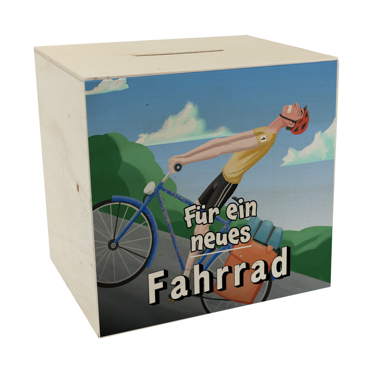 Spardose mit lustigem Fahrradfahrer und Text - Für ein neues Fahrrad