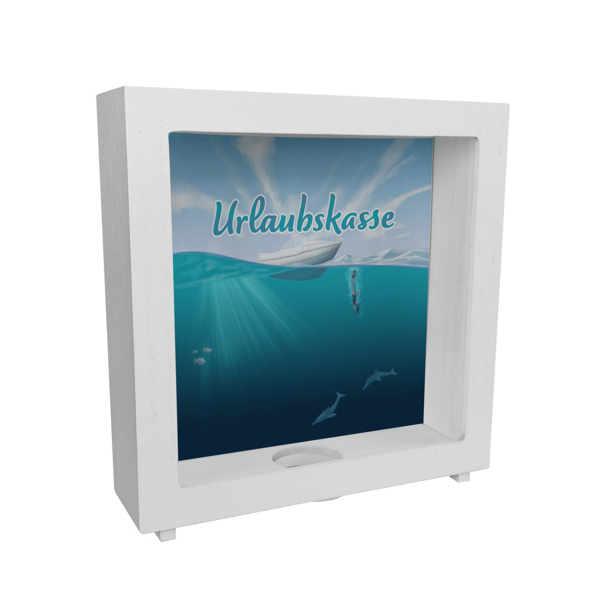 Spardose im Taucher-Design mit Boot und Text - Urlaubskasse