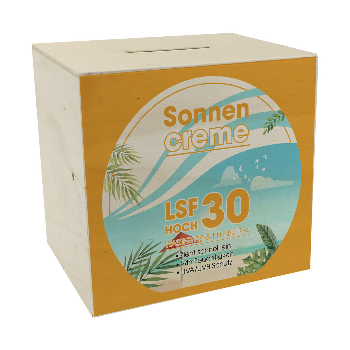 Spardose mit Sonnencreme Motiv - Für Urlauber die auf den Sommerurlaub sparen